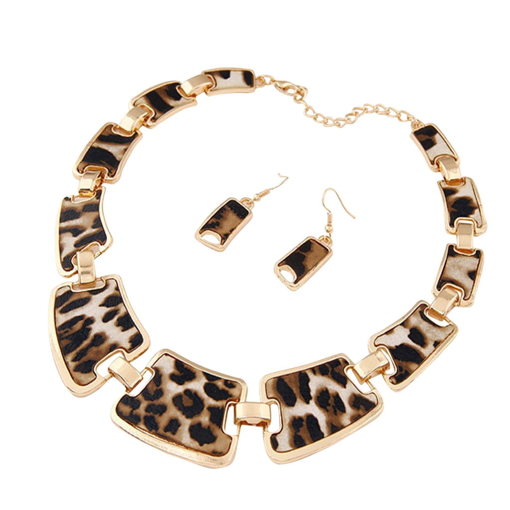 Sparkly Statement Necklace Animal Print Resin Luxurious Shiny Gold Tone Long NEW