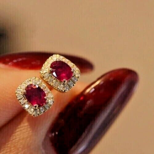 2Ct Oval Cut Lab-Created Red Ruby Diamond Women's Stud Earring 14K Yellow Gold Plated