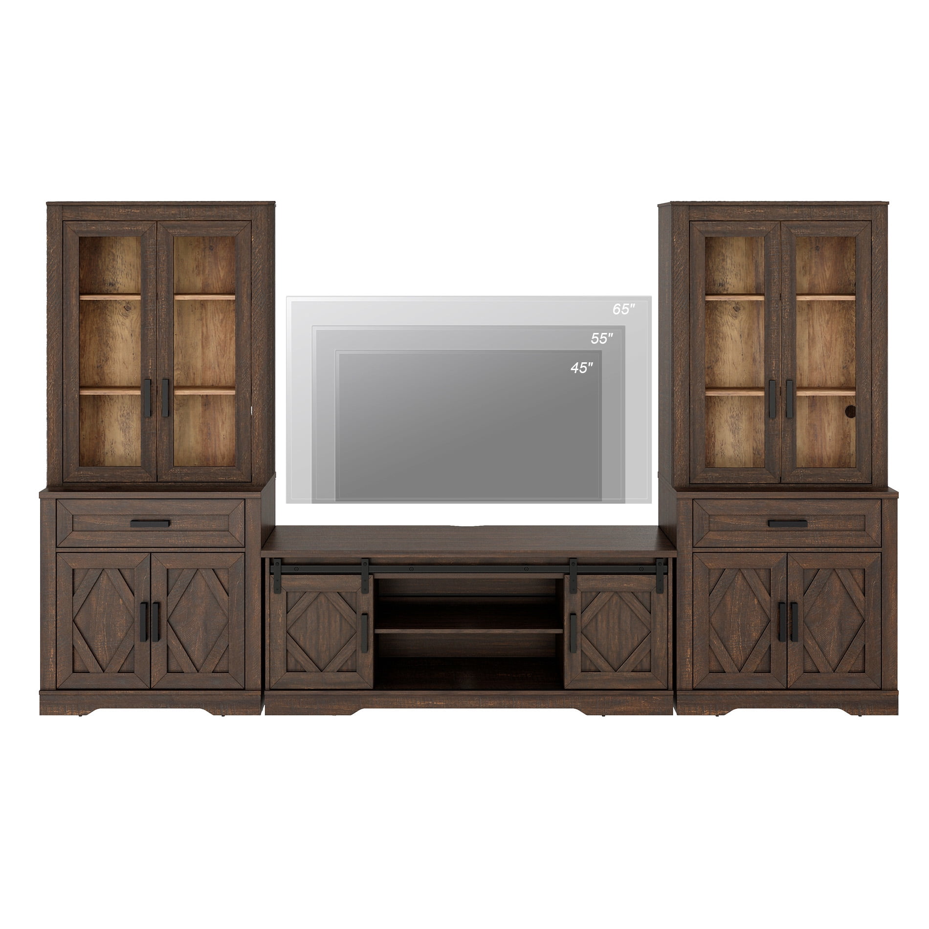 WAMPAT Farmhouse Entertainment Center with Bookshelf for TVs up to 65",Mid Century Modern TV Stand with 73"H Tall 5-Tier Bookcase with Open Storage and Barn Doors for Living Room,Espresso