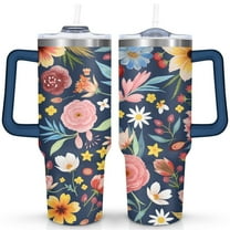 Colorful Vintage Flowers 40 Oz Tumbler with Handle Lid and Straw, Stainless Steel Double Walled Vacuum Insulated Cup, Cute Birthday Gifts Tumbler for Women Men Friends