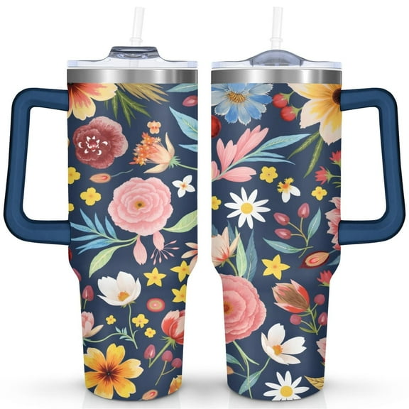 Colorful Vintage Flowers 40 Oz Tumbler with Handle Lid and Straw, Stainless Steel Double Walled Vacuum Insulated Cup, Cute Birthday Gifts Tumbler for Women Men Friends