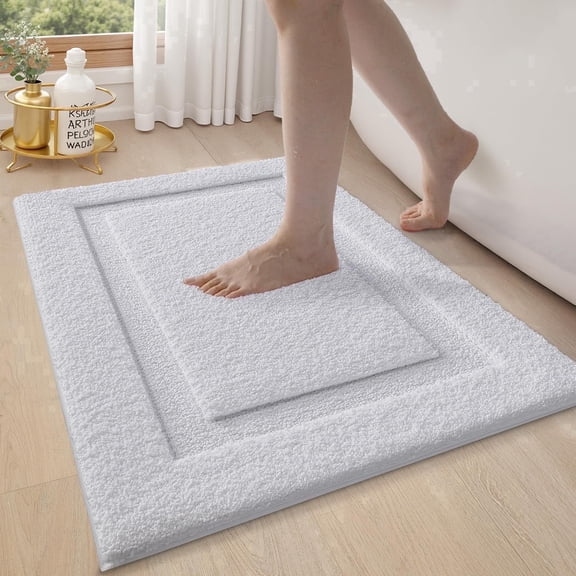 FRABE Non-Slip Bathroom Rug, Ultra Absorbent Quick Dry Microfiber Bath Mat with Recessed Border Pattern, Machine Washable Rubber Backing Carpet for Tub and Sink, White 16" x 24"