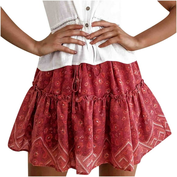 jovati Women Summer Clothes Fashion Women Summer Casual Print Ruffles A-Line Pleated Short SKirt