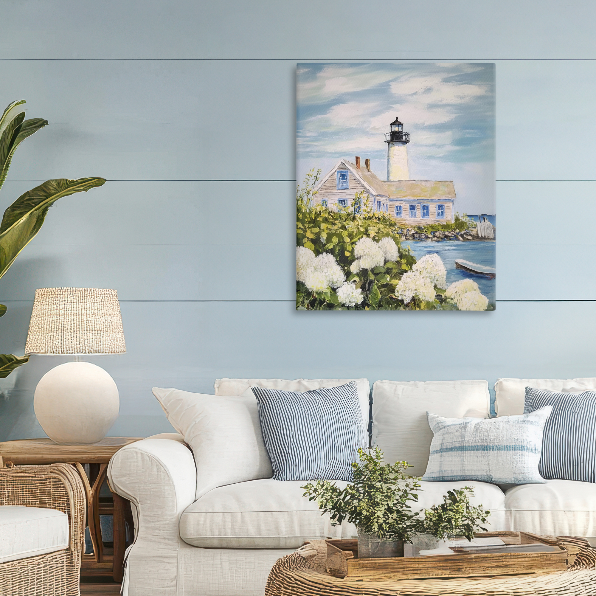 Stupell Industries Lighthouse Scenery with Hydrangeas Canvas Wall Art, design by Sisi and Seb