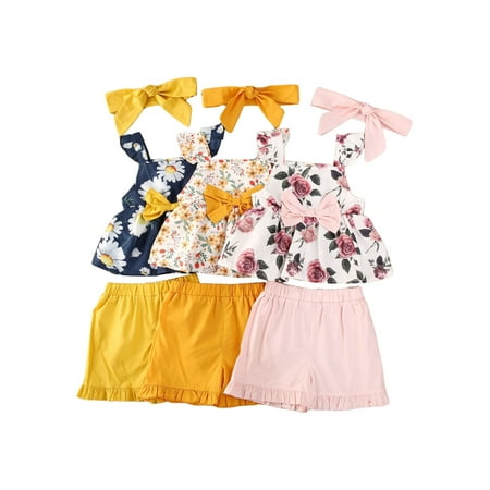 Baby Girls Outfit Ruffle Floral Crop Top+Solid Shorts+Headband Summer ...