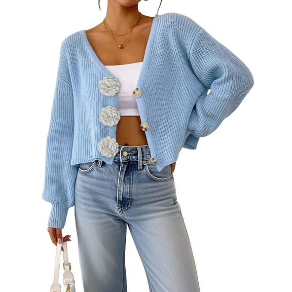 Chic 3D Flower Crop Cardigan Sweaters for Female Fall Loose Open Front Long Sleeve Knitted Cozy Outerwear Sky Blue S