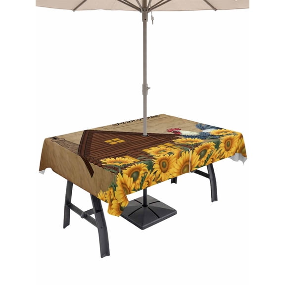 Outdoor Tablecloth with Umbrella Hole for Patio/Picnic/Party/Camping, Sunflowers Roosters Waterproof Table Cloth Rectangle Table Cover Washable, Vintage Farmhouse Farm Countryside (60"x 120")