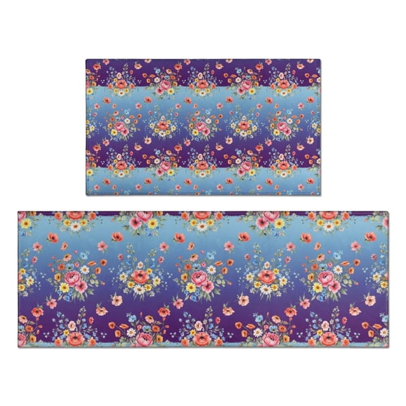 Pioneer Flower Floral Print Pattern Kitchen Rugs Sets Of 2, Anti Fatigue Non Slip Washable Floor Mats for Kitchen Sink Laundry, 17X30 Inch 17X47 Inch