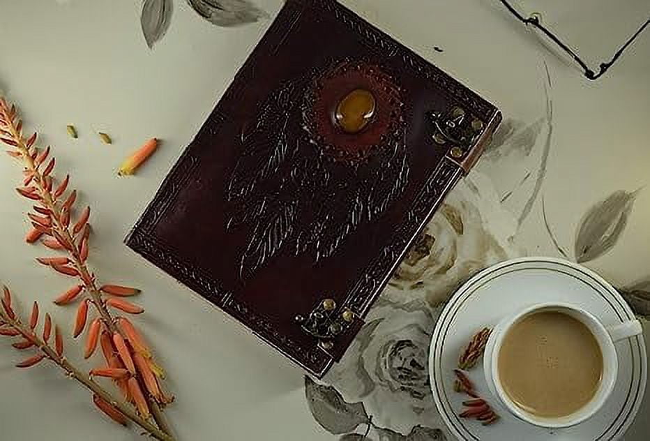 OVERDOSE Pankh with Stone/Feather with Stone Leather Journal - Handmade Antique Stone Journal For Men And Women Diary Leather Sketchbook Drawing Journal Notebook - 6 X 8 Inches | 15 X 20 cm | A5