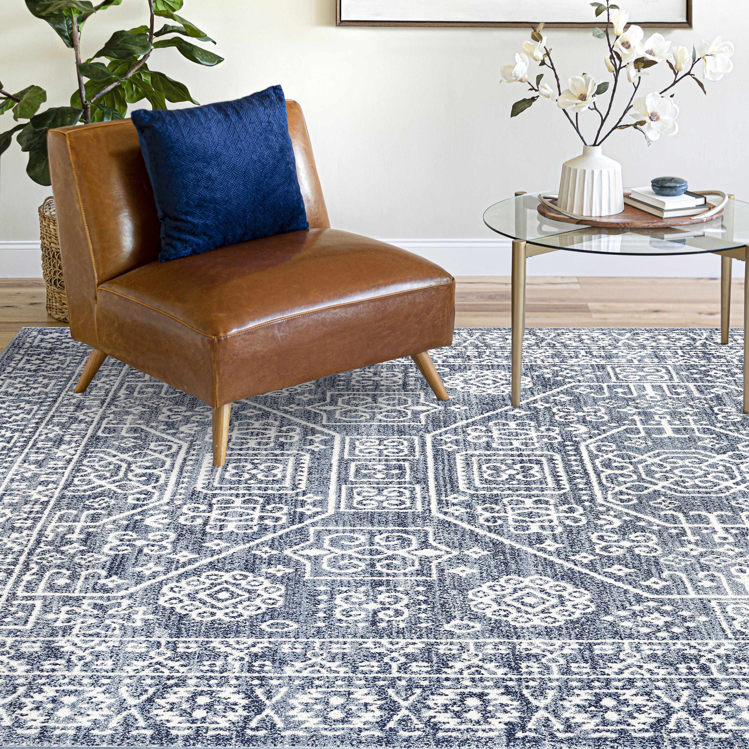 Traditional 5x8 Area Rug (5'3'' x 7'3'') Oriental Navy, Cream Living Room Easy to Clean