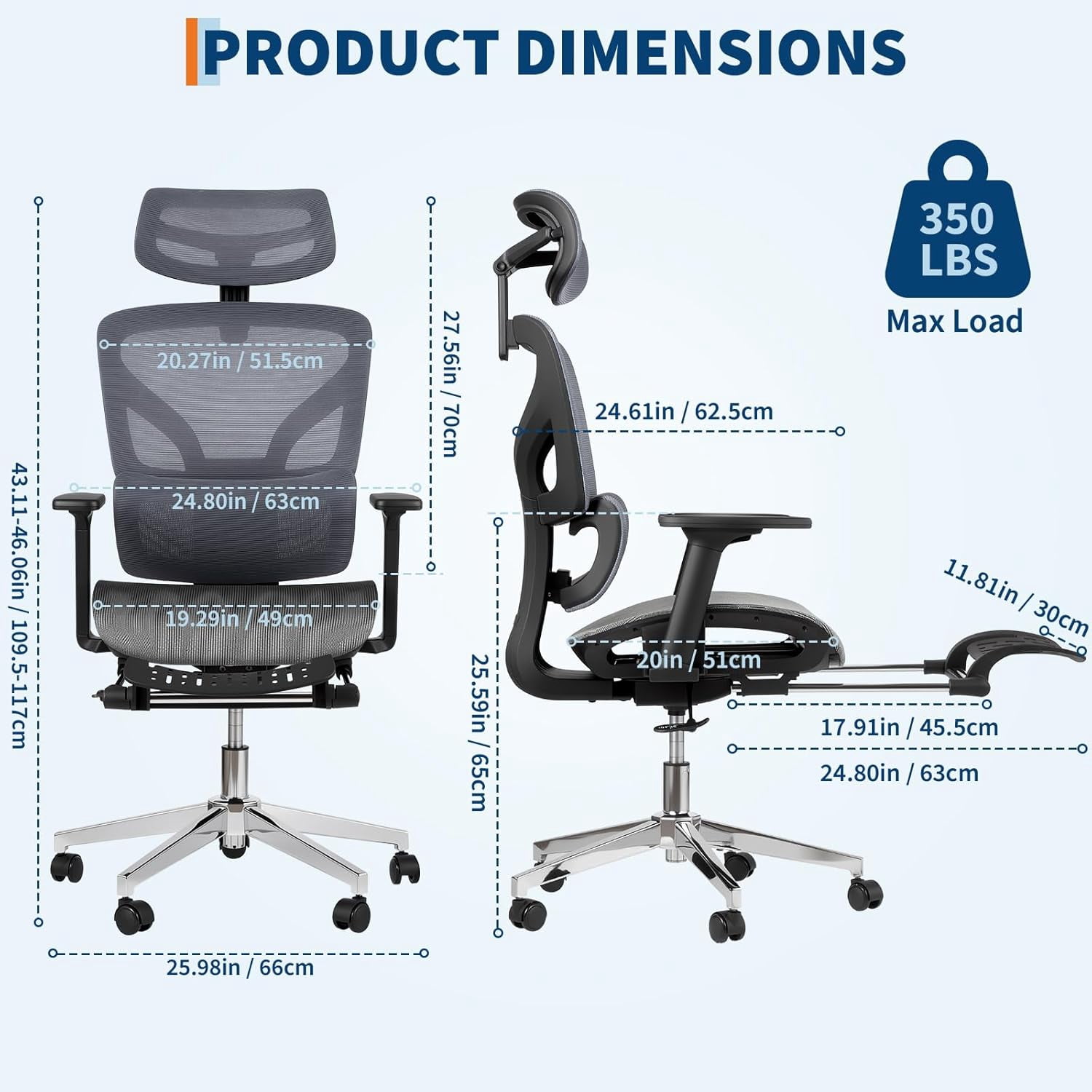 Ergonomic Mesh Office Chair with Footrest, Adjustable Armrests, Dynamic Lumbar Support, Recline & Tilt Function, High Back Design, Rolling Caster Computer Chair for Home Office, Gray