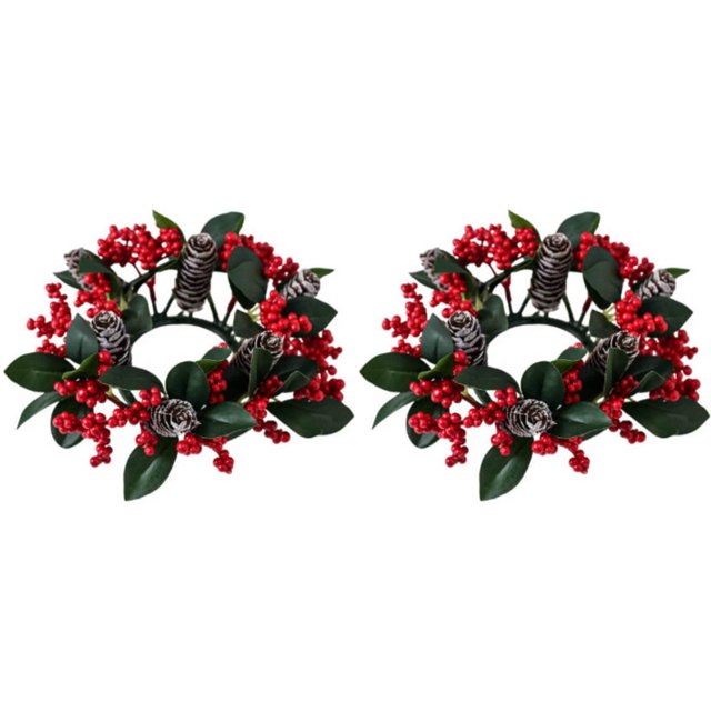 Christmas Candle Rings Wreath 3 Inch Center Pine Cone Red Berry Artificial Greenery Candle Holder Centerpiece for Holiday Table Mantle Decor