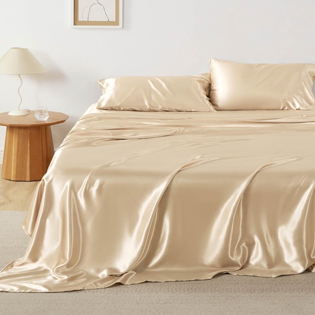Juego de sábanas Bedsure Satin, tamaño completo, color champán, 4 piezas