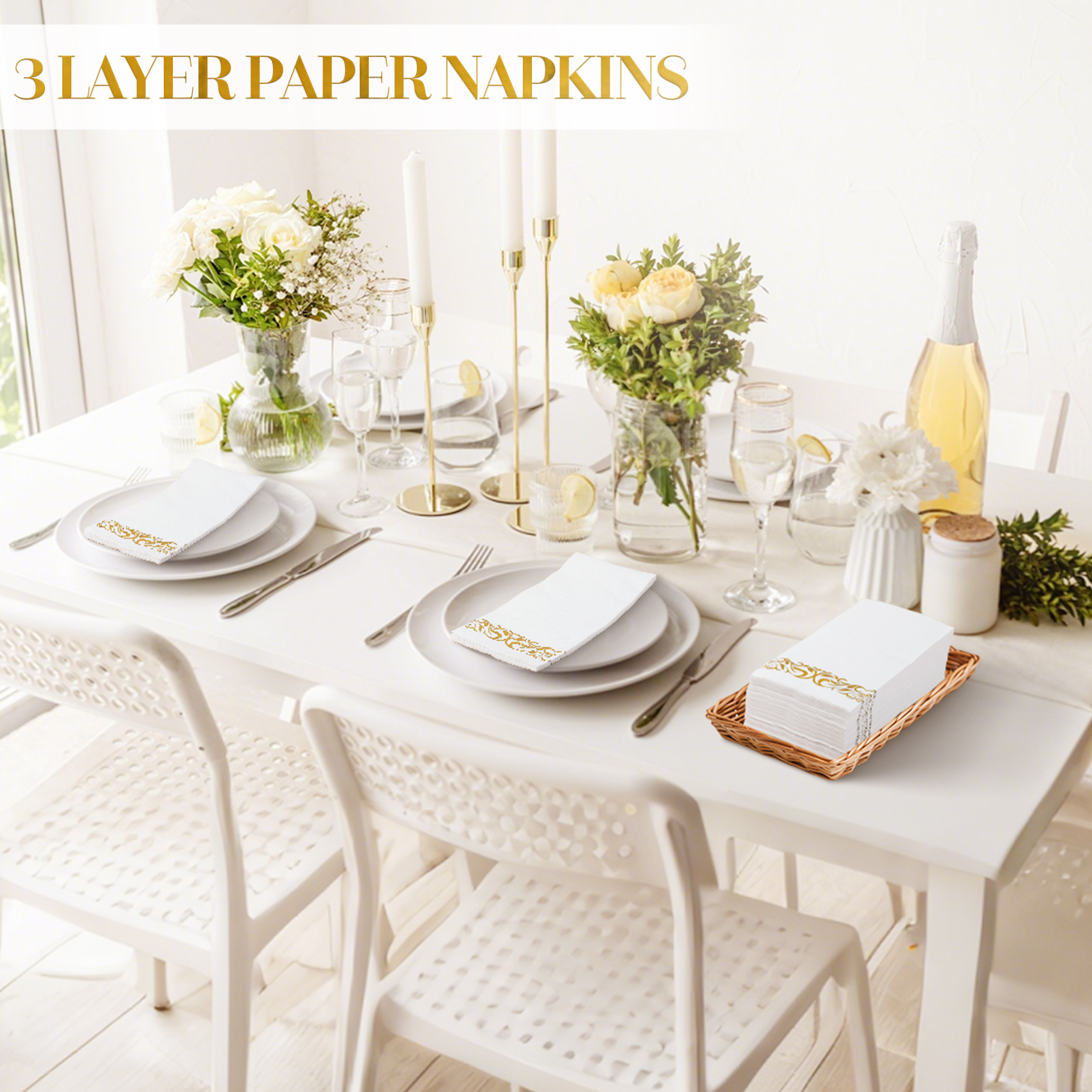 Treamon Linen Feel Paper Napkins, 100 Count, Gold Pattern photo 6