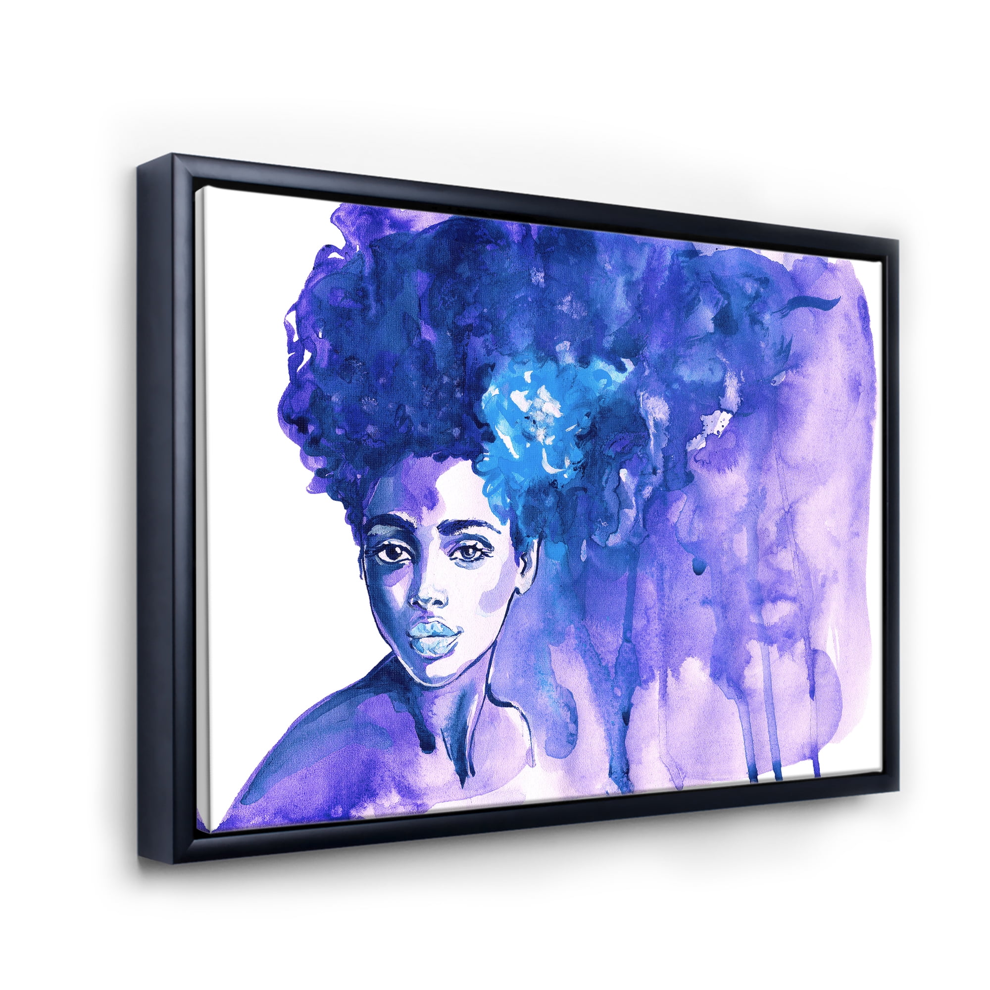Designart 'Glorious Blue Portrait of Afro American Woman' Modern Framed Canvas Wall Art Print