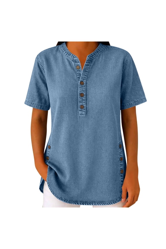 Denim Henley Tops for Women Short Sleeve Button V Neck Jean Blouse Summer Loose Fit Side Split Work Tunic Shirts 2026 Blue,M