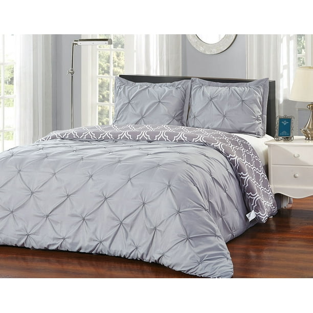 Unique Home 3 Piece Grey Pinch Pleat reversible comforter Set (Gray