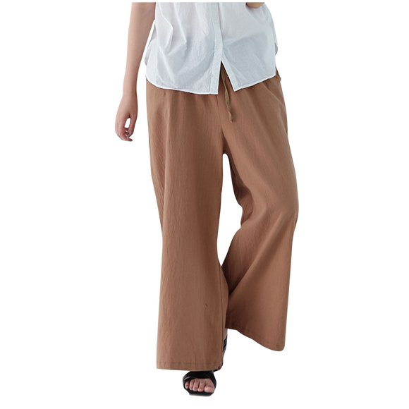 Timegard Womens Cotton Linen Pants Wide Leg Elastic Waisted Drawstring Casual Loose Trousers with Pockets