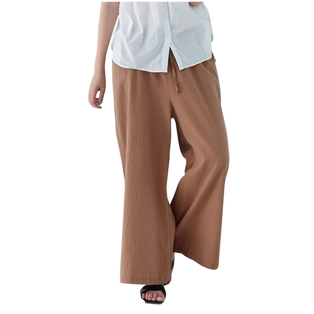 Timegard Womens Cotton Linen Pants Wide Leg Elastic Waisted Drawstring Casual Loose Trousers with Pockets