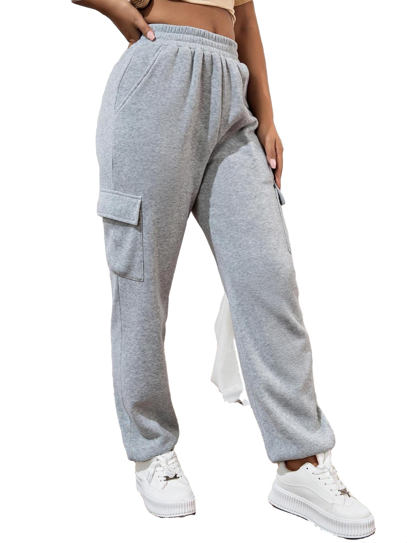Womens Casual Pants Elastic Waist Solid Sweatpants Grey XL