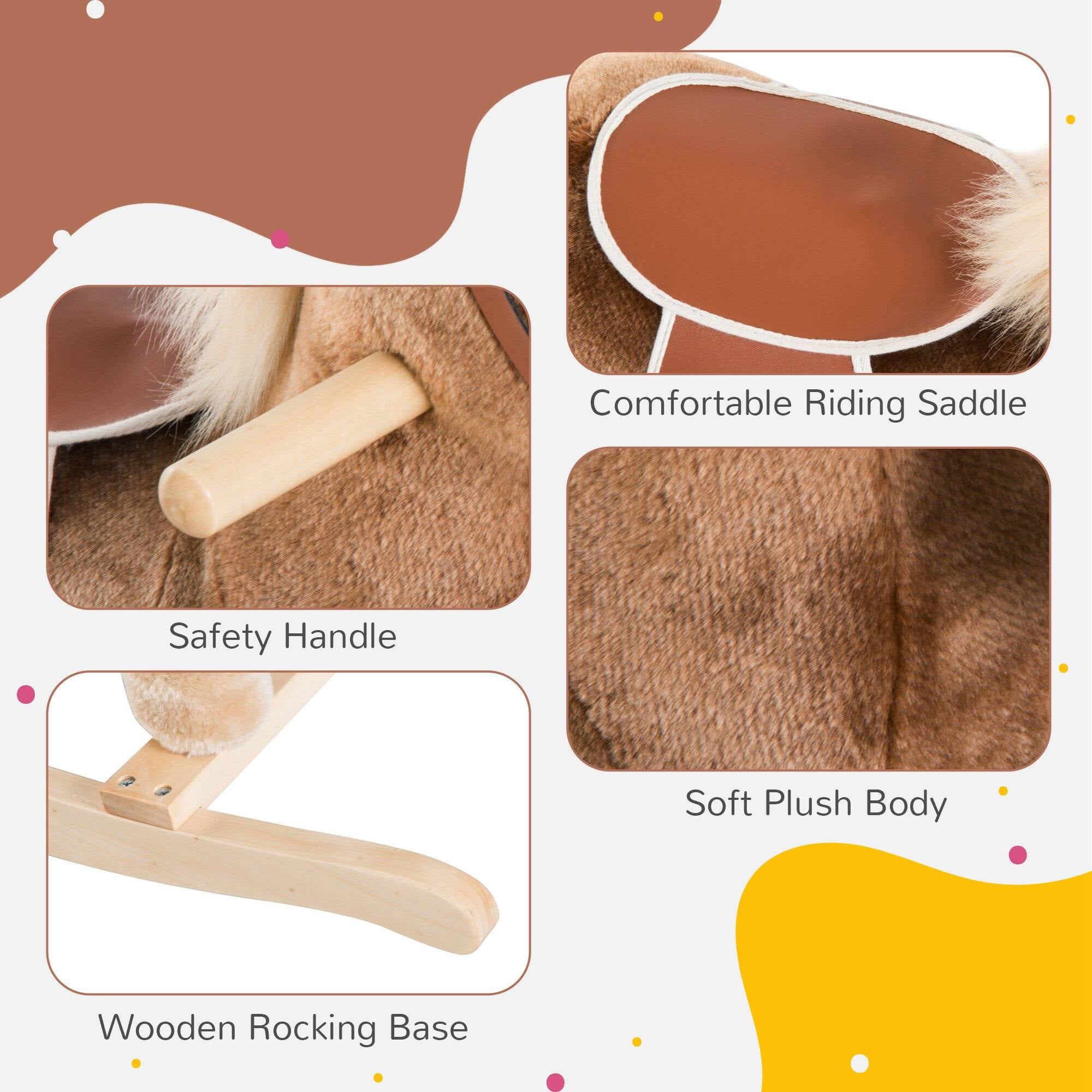 Childrens Bike, Qaba Kids Rocking Horse, Plush Toddler Rocker, Wooden Base Ride-On Toy with Handle Grip, Traditional Toy for Kids 36M+, Brown, Brown Kids Bike,Plush Girls Bike