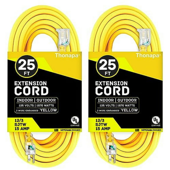 2 Pack of 25 Foot Outdoor Extension Cords - 12/3 Heavy Duty Yellow Extension Cable with 3 Prong Grounded Plug for Safety - Great for Garden and Major Appliances