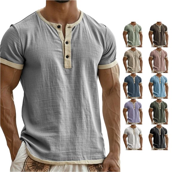 ZXLBBD Mens T-Shirts Short Sleeve Henley Shirt Linen Button Down Soft Breathable Versatile Layering Tops for Everyday Comfort Casual Outdoor Tshirts,Light Purple,M