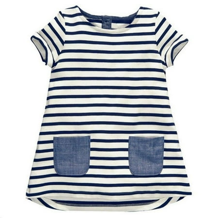 

Dress for Girls Short Sleeve Round Neck Stripe Jumpsuit Romper Pockets Soft Tops Infant Toddler Kids Children Summer Outfits 100