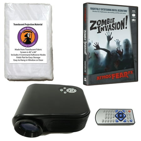 Rear Projection Screen Kit - Halloween Digital Decoration Kit includes 800 x 480 Resolution Projector, Reaper Brothers® High Resolution Window Rear Projection Screen and AtmosFearFX Zombie Invasion DVD