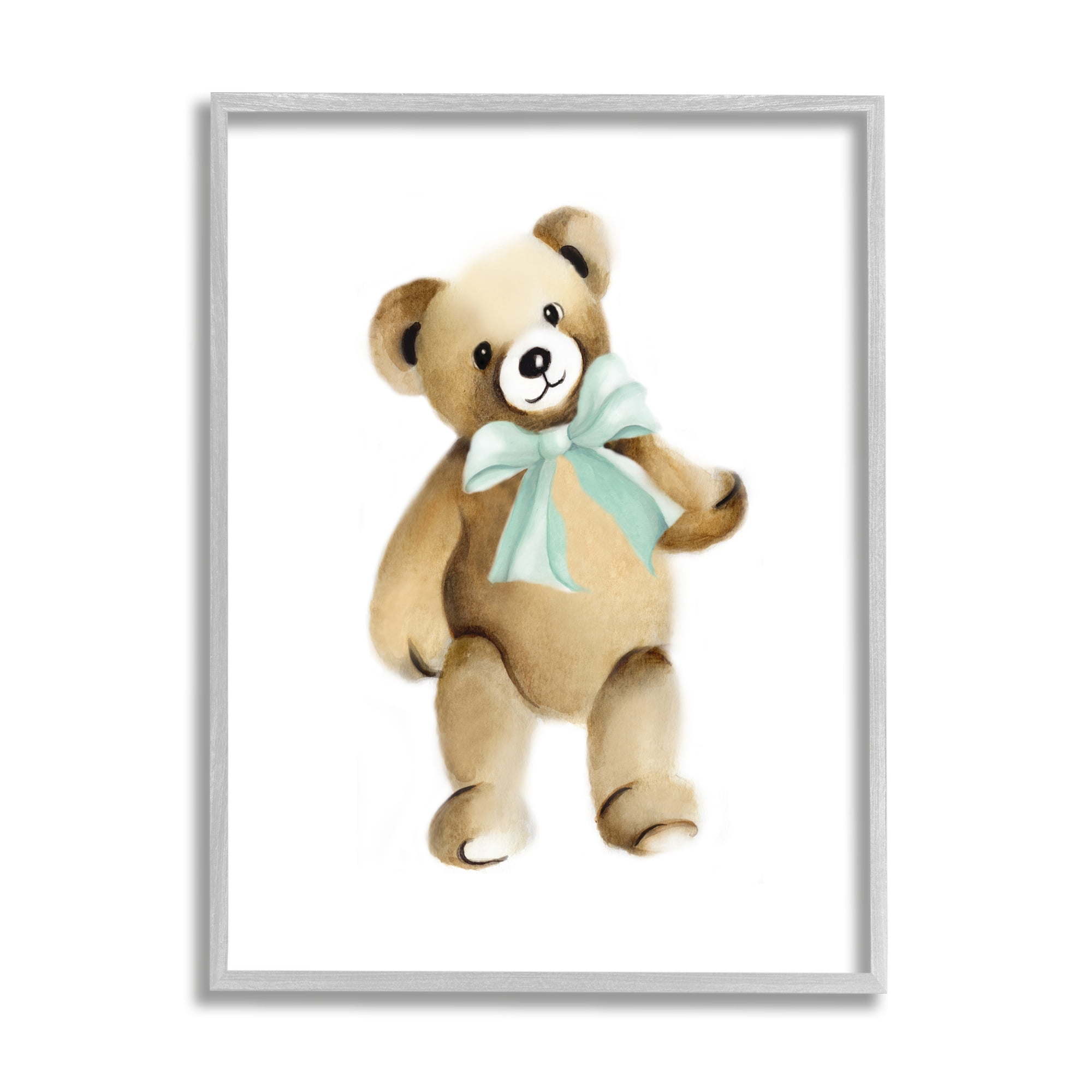 Stupell Industries Teddy Bear Green Bow Kids Nursery Animal Graphic Art Gray Framed Art Print Wall Art, Design by Studio Q
