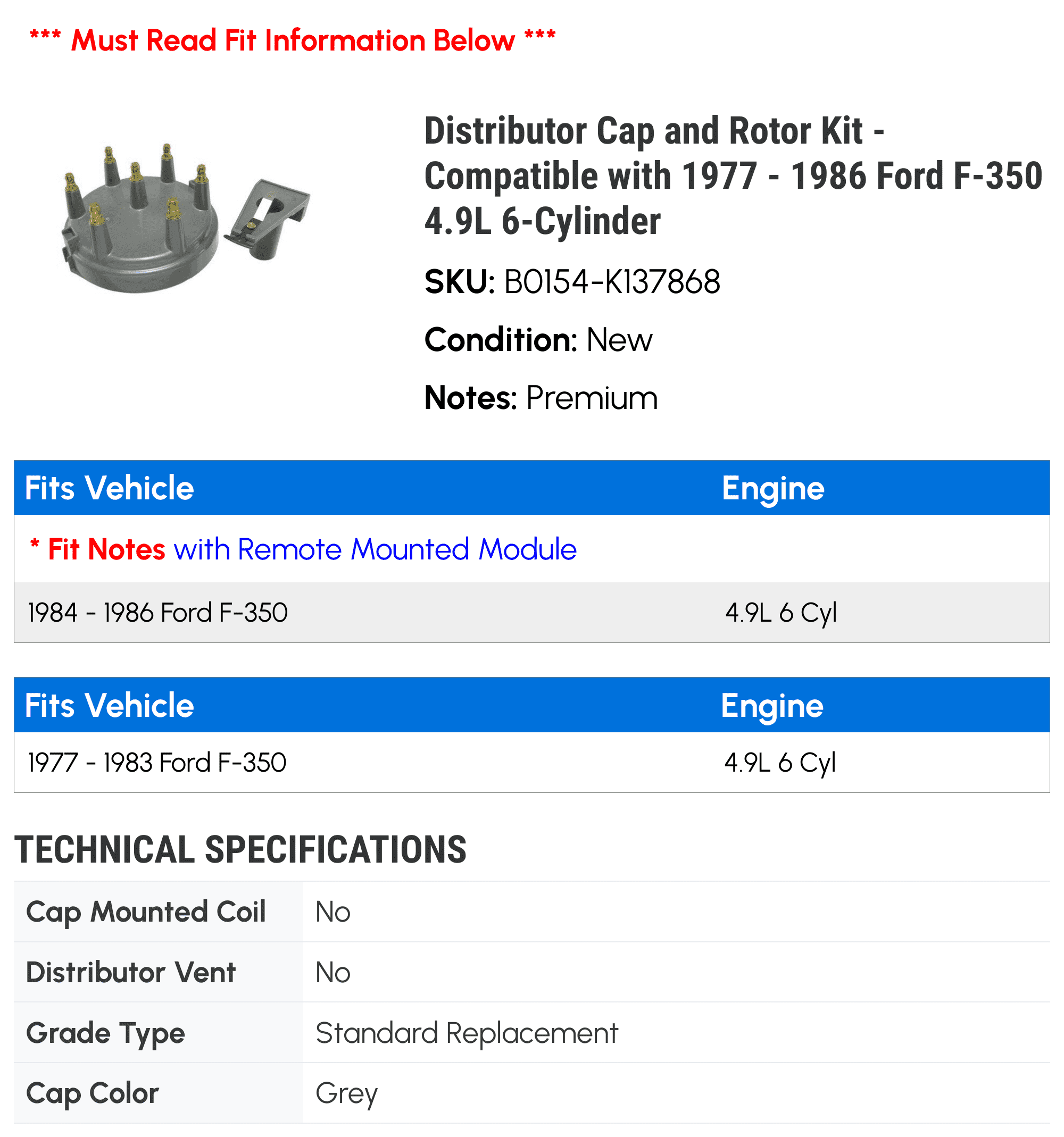 Distributor Cap and Rotor Kit - Compatible with 1977 - 1986 Ford F-350 4.9L 6-Cylinder 1978 1979 1980 1981 1982 1983 1984 1985