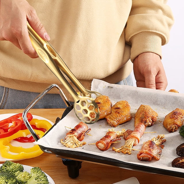 Xihbxyly Pinza para Alimentos de Acero Inoxidable, Pinza para Pan y Filete con Escurridor de Aceite, Diseño de Mango con Agarre, Herramienta para Barbacoa de Cocina, Esencial para Reuniones Familiare