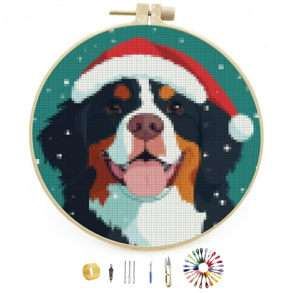 Merry Christmas Bernese Mountain Dog DIY Stamped Cross Stitch Kits Easy for Beginners with Hoop 11CT Counted Embroidery Needlepoint Crafts Arts for Handmade Enthusiasts and Home Decor 30x30cm(12)