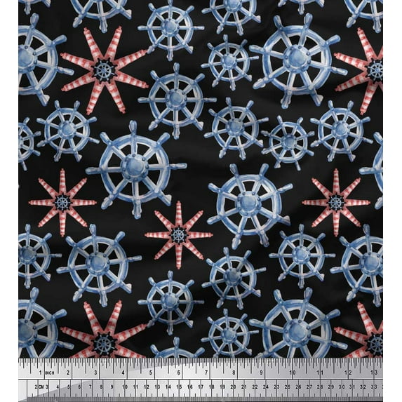 Soimoi Black Silk Fabric Lighthouse & Ship Wheel Nautical Fabric Prints By Yard 42 Inch Wide