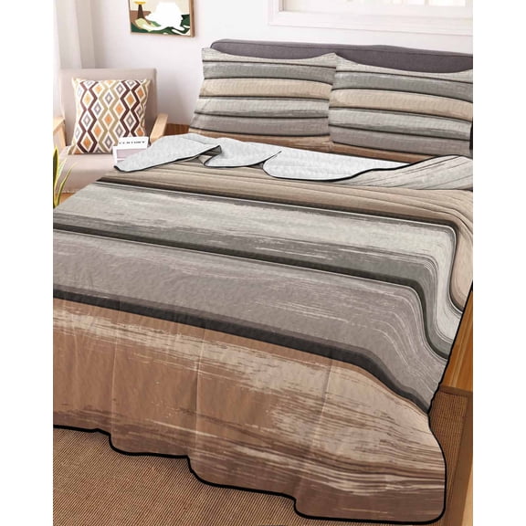 Brown Beige Stripes King Size Down Alternative Comforter, Lightweight Comforter Quilt Bedding Set with Pillow Shams Geometric Painting Neutral Textured All Seasons Bed Comforter Duvet Insert 96"x106"