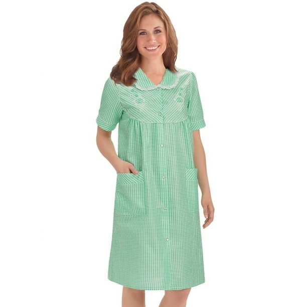 Bata de cuadros vichy para mujer con detalles florales, cierre a presión y ribete de encaje, color menta, talla XXX grande