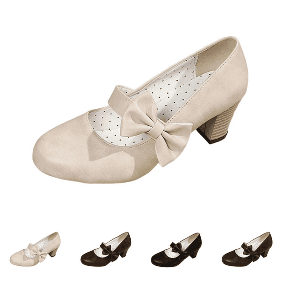 EKVAHL Women's Orthopedic Mary Jane Pumps, Bow Strap Round Toe Block Heel Dress Pumps, Arch Support Non‑Slip Vintage Evening Dress Shoes White