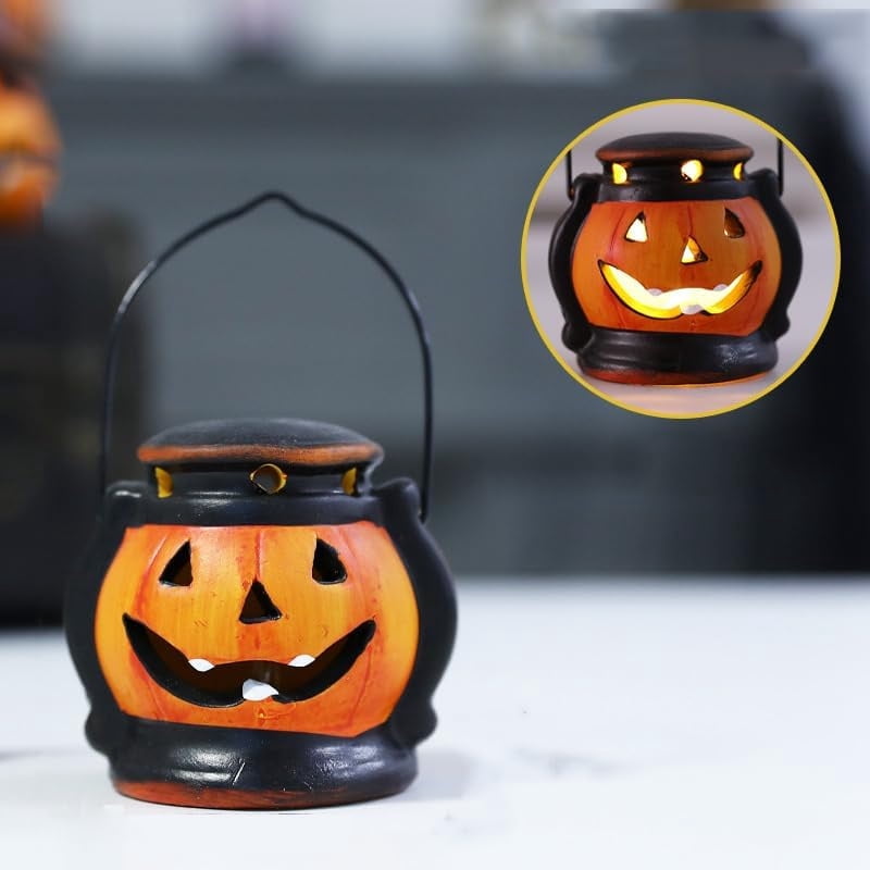 Set of 4 Light Up Ceramic Pumpkin Skull Figurines for Halloween Table Decor