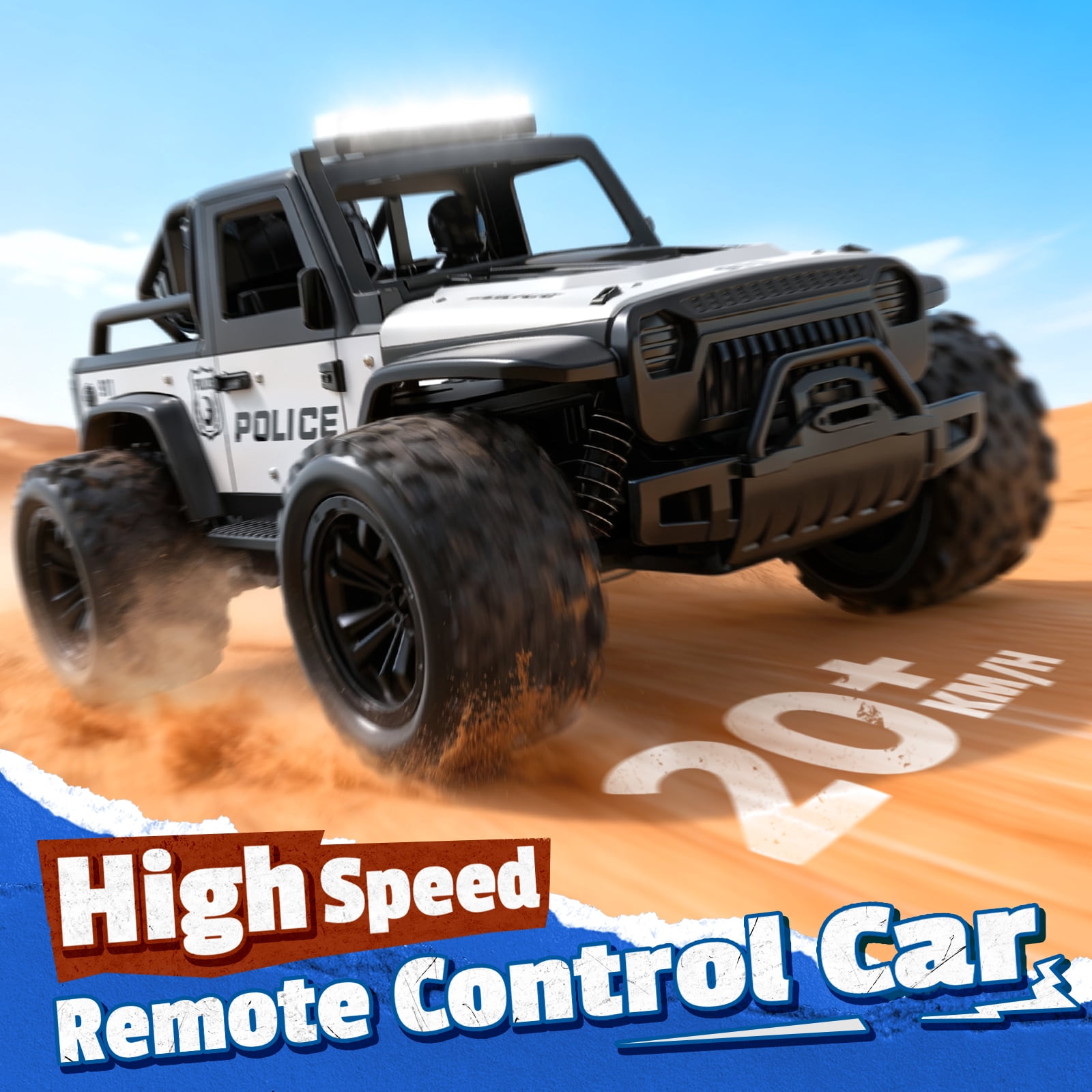 WeFone 1:16 Remote Control Car, 2.4GHz 20KM/H Speed RC Truck with LED Headlight, Off-Road RC Truck, 2 Batteries, Outdoor Play, Best Gift for Kids