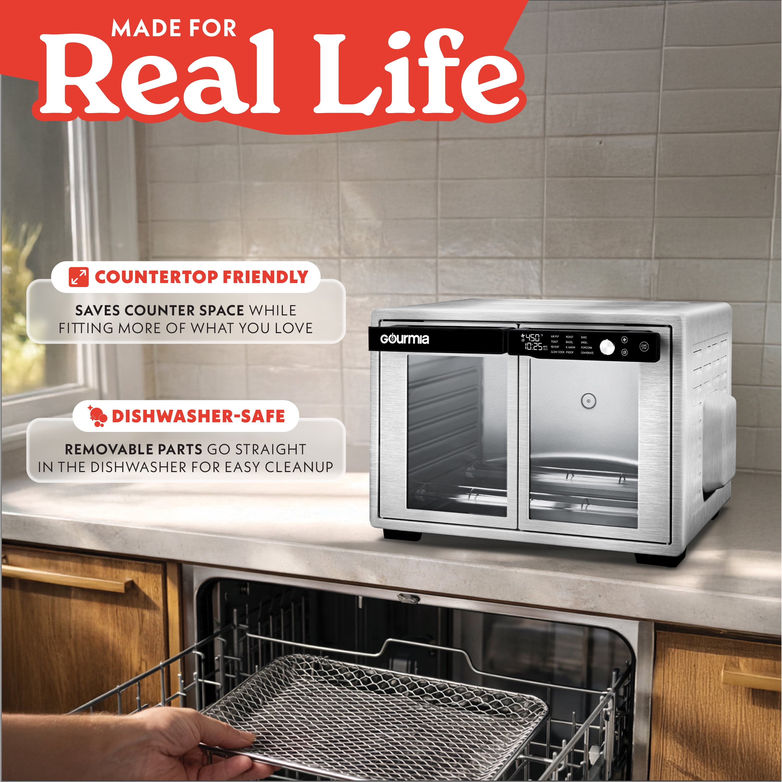 Gourmia Air Fryer French Door Toaster Oven - 9 Slice Capacity, 12 Presets, Stainless Steel