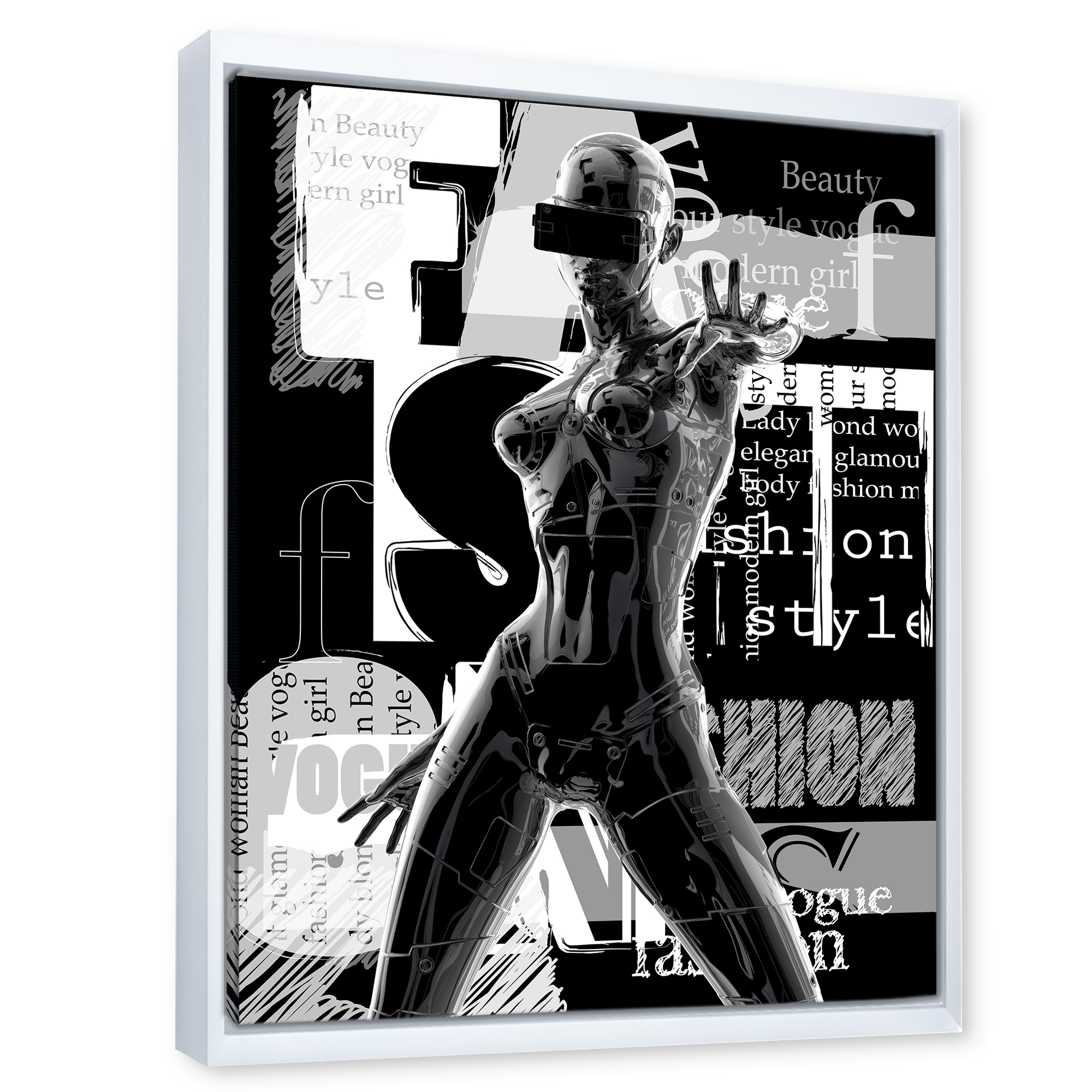 Designart 'Black and White Cyborg Body II' Modern Framed Canvas Wall Art Print