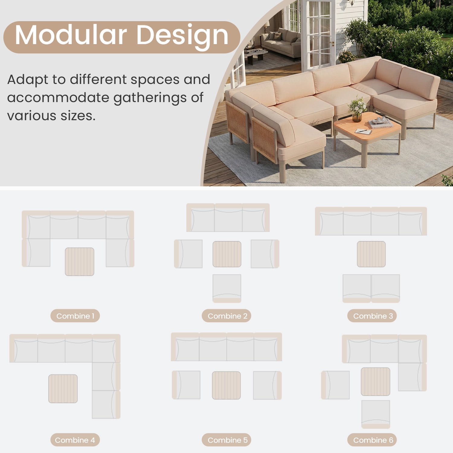 Erinnyees 7 Pieces Patio Sectional Furniture Set, Aluminum Outdoor Conversation Set with 6" Thick Cushions & Coffee Table, All-Weather U-Shape Sectional Sofa for Poolside，Deck，Backyard, Light Beige