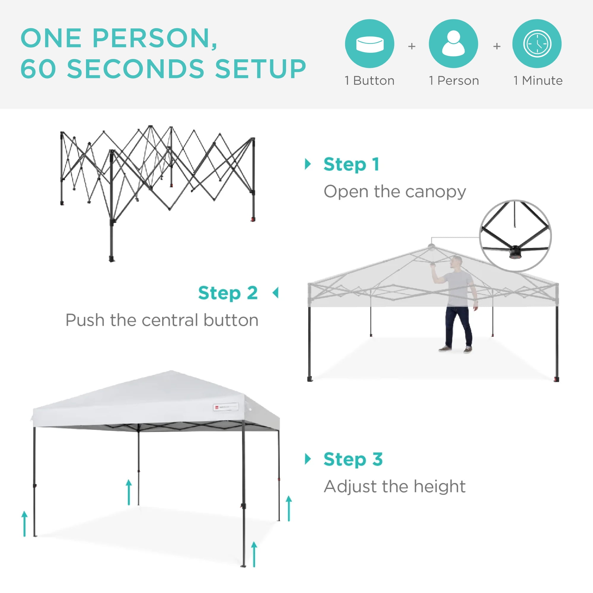 Best Choice Products 10x10ft Easy Setup Pop Up Canopy w/ 1-Button Setup, Wheeled Case, 4 Weight Bags - White