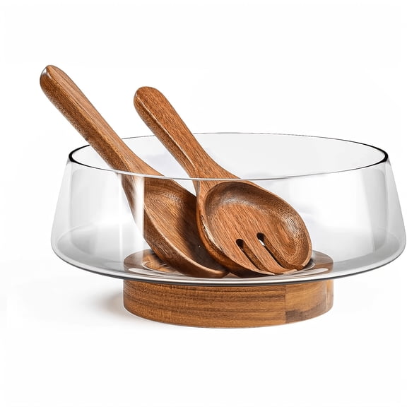 Large Clear Glass Salad Bowl Set With Solid Wood Base | Elegant Oval Shape, Handmade, Ideal For Kitchen Utensils And Party Use