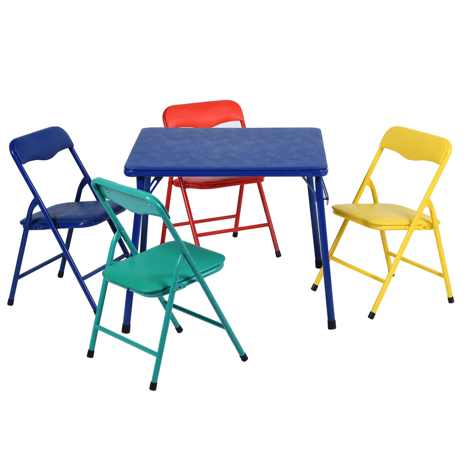 FurnitureR 5-Piece Kids Folding Table and Chair Set, Colorful Metal Activity Play Table with 4 Seats, No Assembly Required, Vinyl Padded for Playroom, Daycare, School