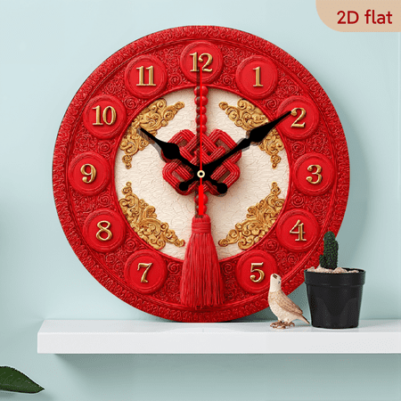 2D Flat 1pc 10Inch Wooden Traditional Chinese Knot Auspicious Cloud Wall Clock - RedGolden Asian-Inspired Movement, Large Black Hands, 10 Inch Artificial Wood Round Clock for Office, Battery-Free