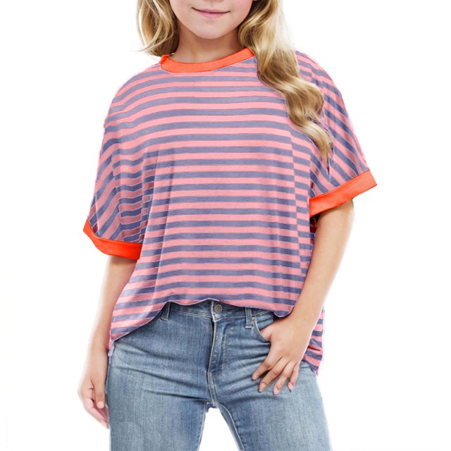 Diufon Chemises Rayées pour Filles Décontractées Manches Courtes Surdimensionnées Col Rond Hauts Printemps Été Chandail-Over pour Adolescentes