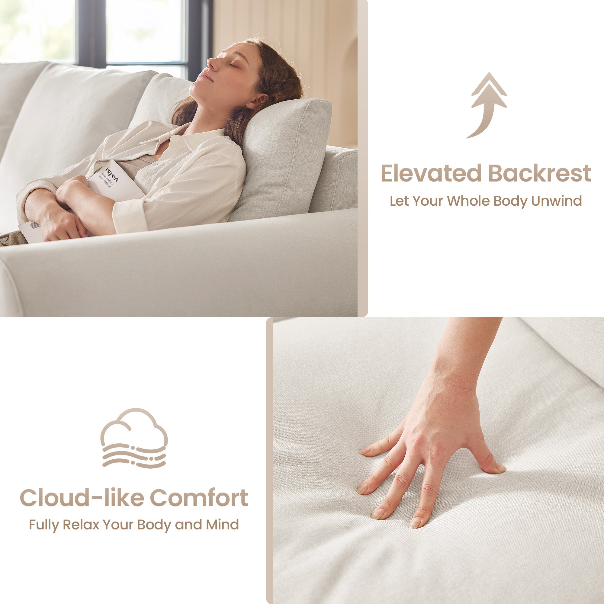 Vorthio 89" 3-Seater Couch for Living Room, Contemporary Fabric Sofa with Rolled Arm, White