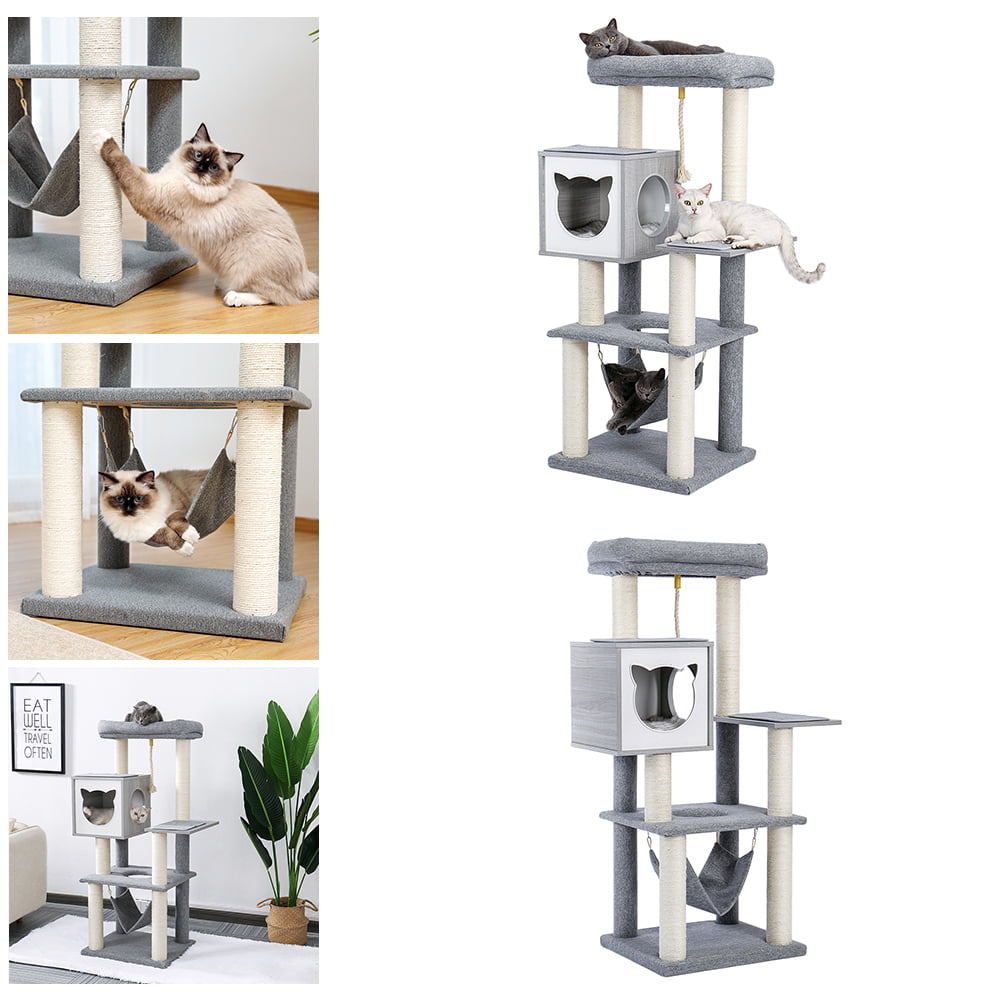 Goory Gray Cats Tower Hammock Cozy Cat Tree Multi-Level Fashion Activity  Centre With Sisal Scratching Posts House Climbing