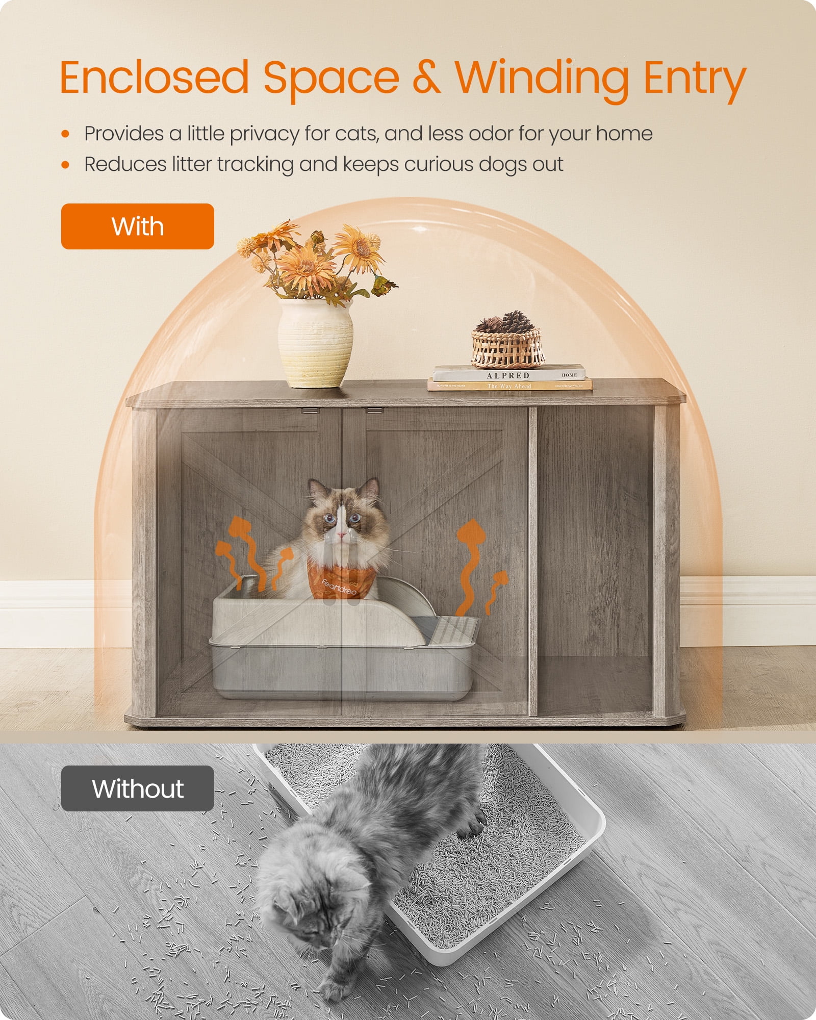 Litter Box Enclosure, Modern Cat Litter Box Furniture Hidden, with Front Entry, Double Doors, Handles, Cat House, Side End Table, 33.5 x 19 x 19.5 Inches, Heather Greige
